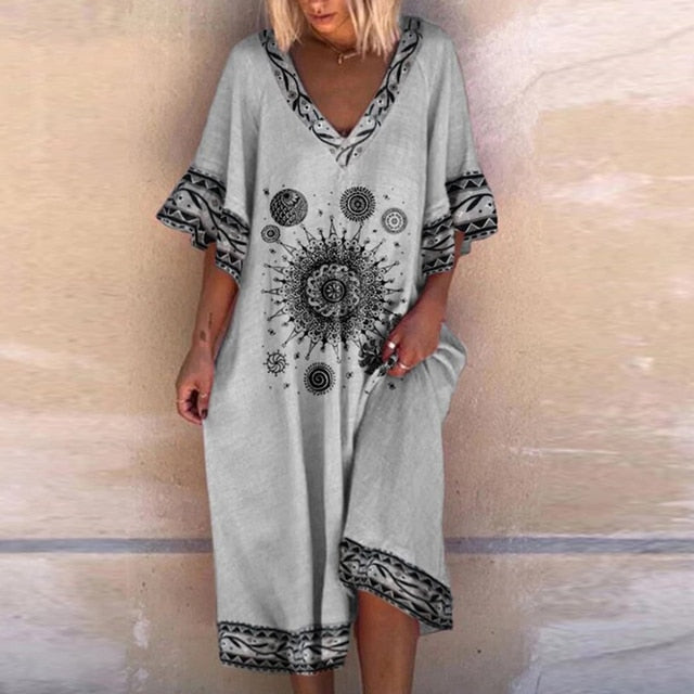 Sienna | Midi-Kleid mit Ethnomuster und V-Ausschnitt für Frauen
