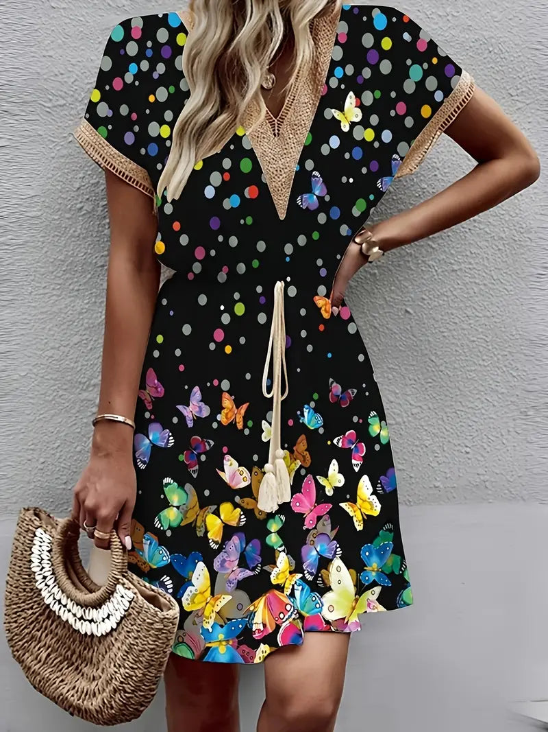 Livia | Kurzes Kleid mit Verspielt Schmetterlingsdruck und Eleganter Spitze für Frauen