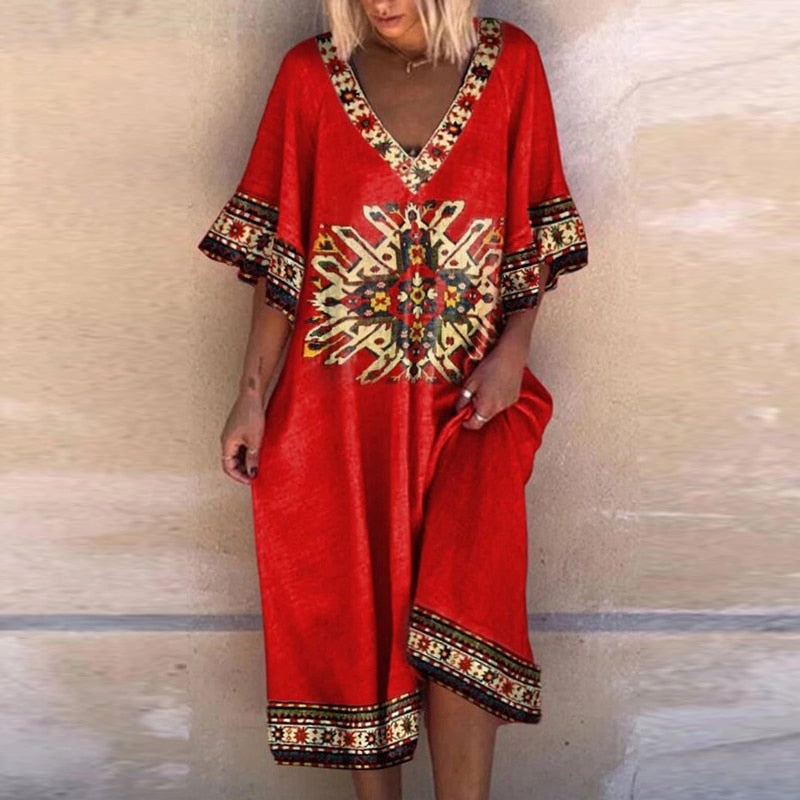 Sienna | Midi-Kleid mit Ethnomuster und V-Ausschnitt für Frauen