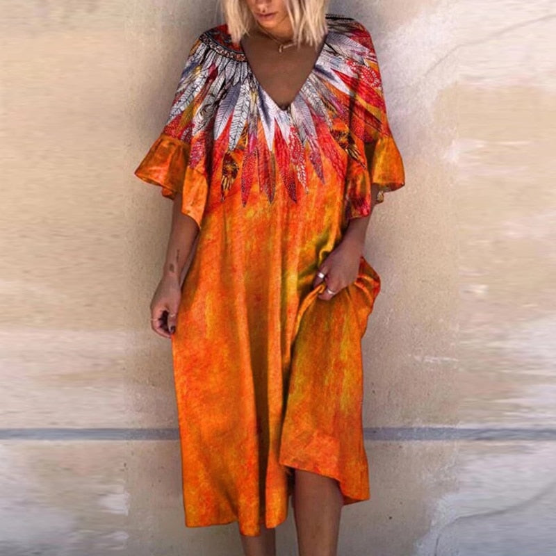 Sienna | Midi-Kleid mit Ethnomuster und V-Ausschnitt für Frauen