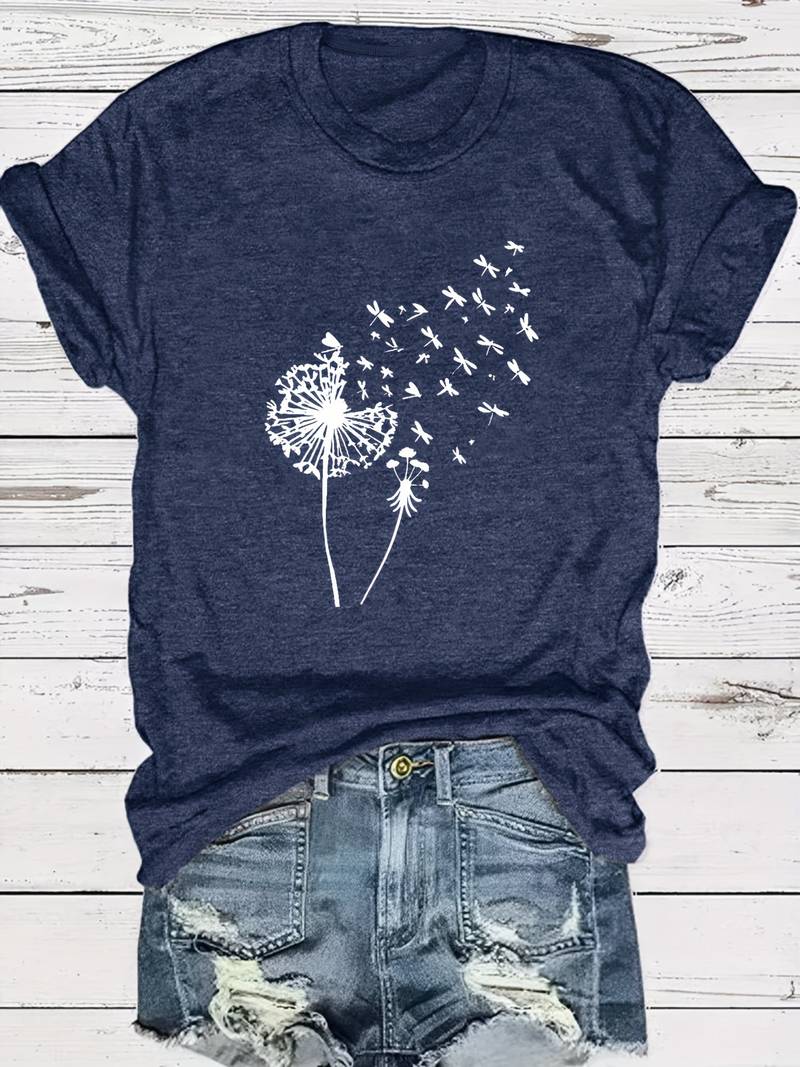 Larissa - Bequemes Baumwoll-T-Shirt mit Löwenzahn- und Libellenmotiv
