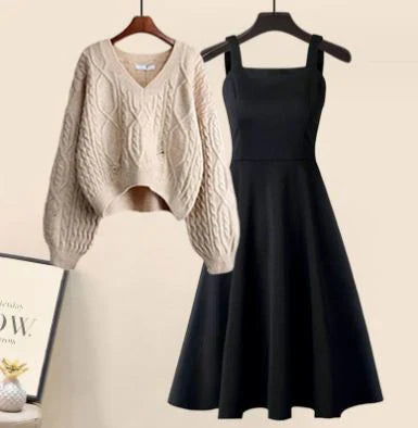 Jill - Zweiteiliges Set aus hochwertigem Kreuzstrickpullover und elegantem Kleid