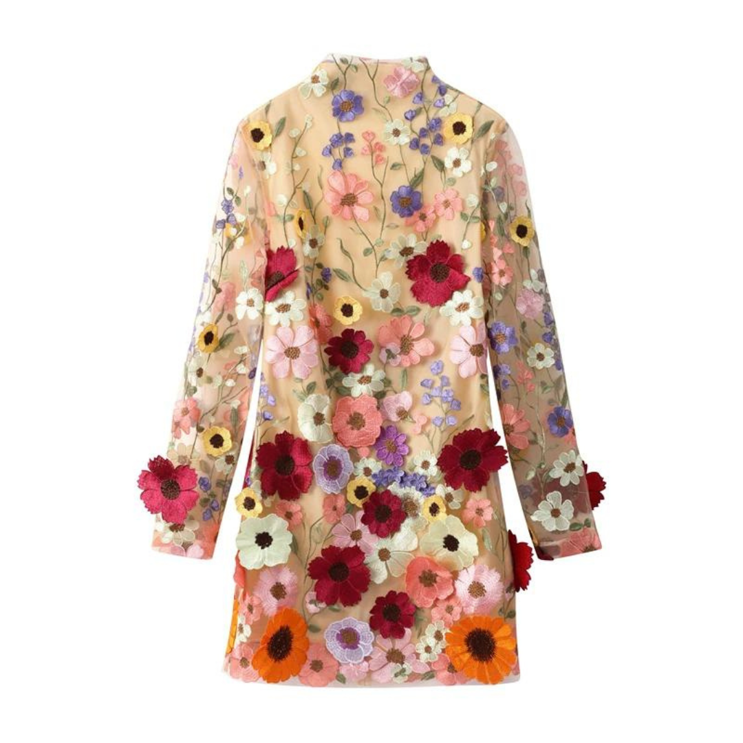 Florale Eleganz | Blumenkleid mit Durchscheinenden Ärmeln und Besticktem Design für Damen