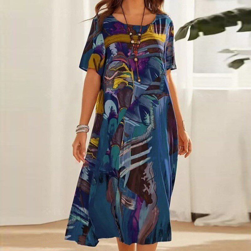 Livia | Midi-Kleid mit Fließendem Stoff und Abstraktem Bohème-Print für Frauen