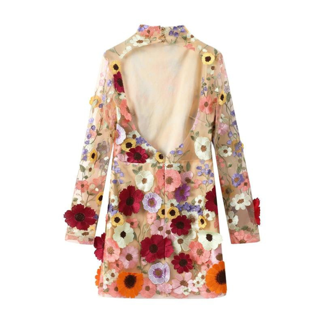 Florale Eleganz | Blumenkleid mit Durchscheinenden Ärmeln und Besticktem Design für Damen