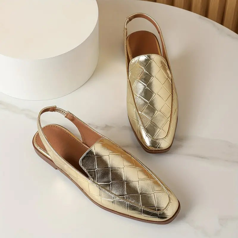 Flachy | Metallische flache Schuhe mit Ankle Strap und Fashion Square Toe