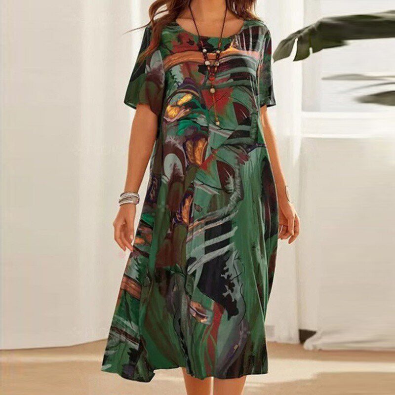 Livia | Midi-Kleid mit Fließendem Stoff und Abstraktem Bohème-Print für Frauen