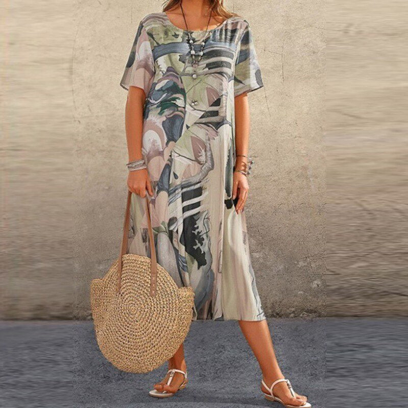 Livia | Midi-Kleid mit Fließendem Stoff und Abstraktem Bohème-Print für Frauen