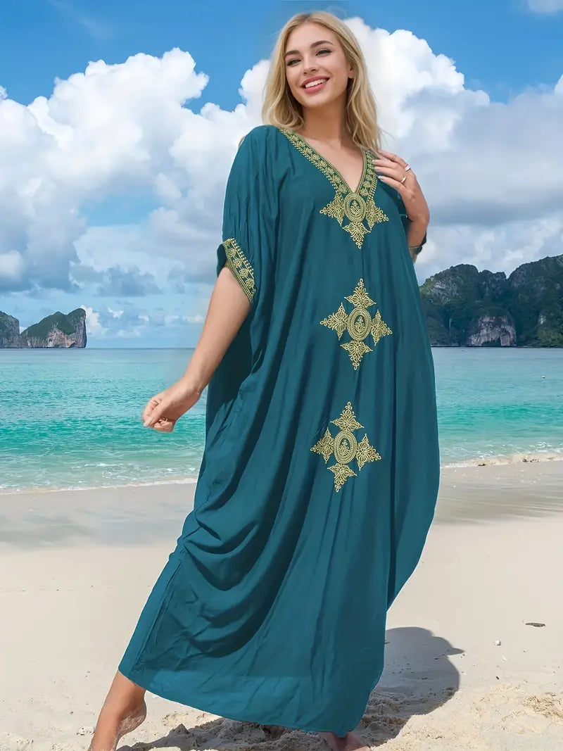 Zoe - Kaftan-Kleid mit goldenen Stickereien und weiten Ärmeln