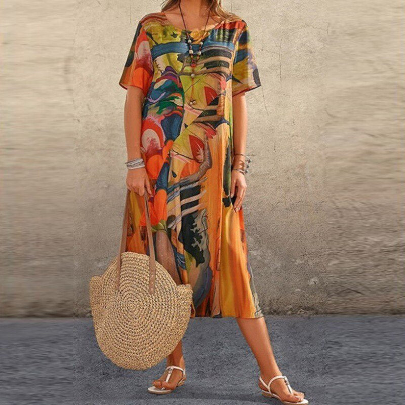 Livia | Midi-Kleid mit Fließendem Stoff und Abstraktem Bohème-Print für Frauen