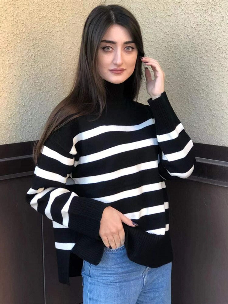 Stella | Pullover mit Breiten Streifen und Hohem Kragen für Frauen