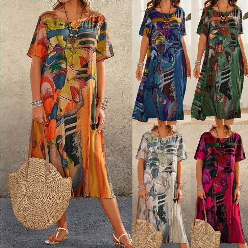 Livia | Midi-Kleid mit Fließendem Stoff und Abstraktem Bohème-Print für Frauen