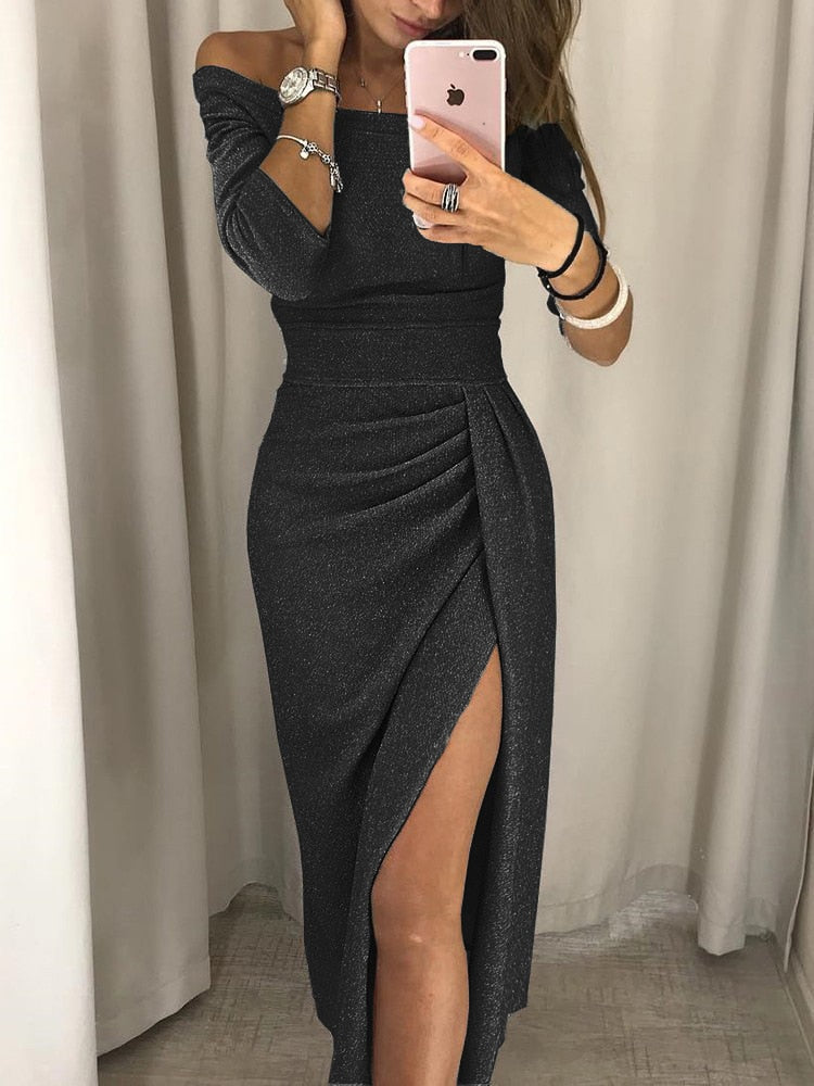 Livia | Abendkleid mit Schimmerndem Stoff und Seitenschlitz für Damen