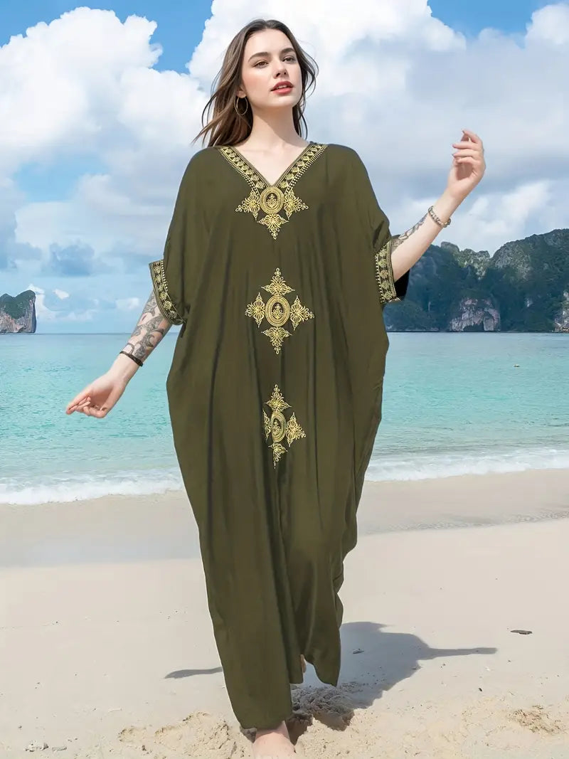 Zoe - Kaftan-Kleid mit goldenen Stickereien und weiten Ärmeln