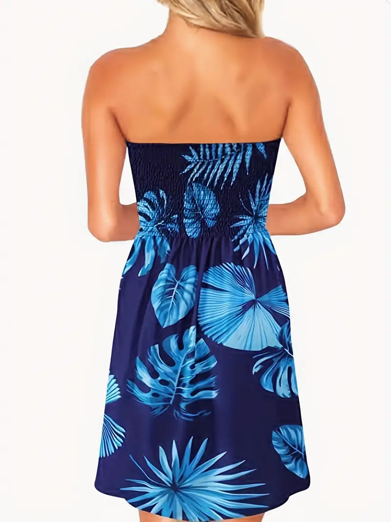 Zoey - Damen Bandeau Sommerkleid mit Tropischem Blumenmuster