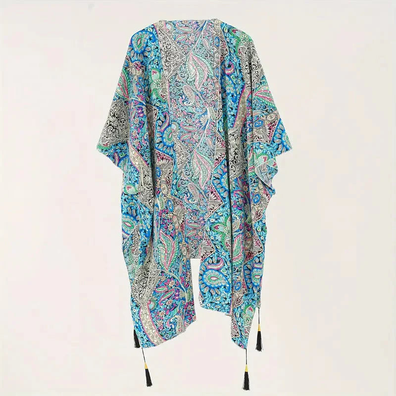 Boho-Kimono, Paisley Druck, Offene Front, Bikini-Cover Up, Strand-Kimono