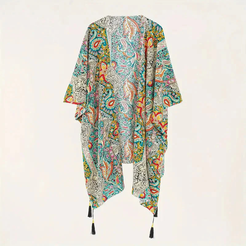 Boho-Kimono, Paisley Druck, Offene Front, Bikini-Cover Up, Strand-Kimono