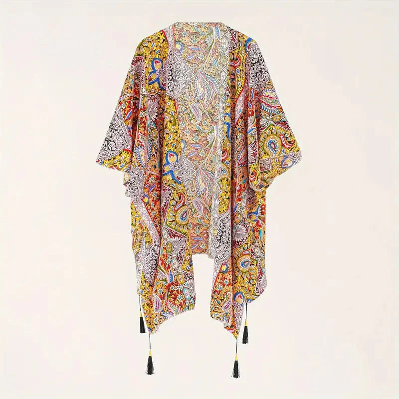 Boho-Kimono, Paisley Druck, Offene Front, Bikini-Cover Up, Strand-Kimono