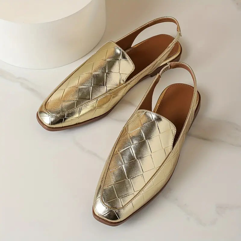 Flachy | Metallische flache Schuhe mit Ankle Strap und Fashion Square Toe