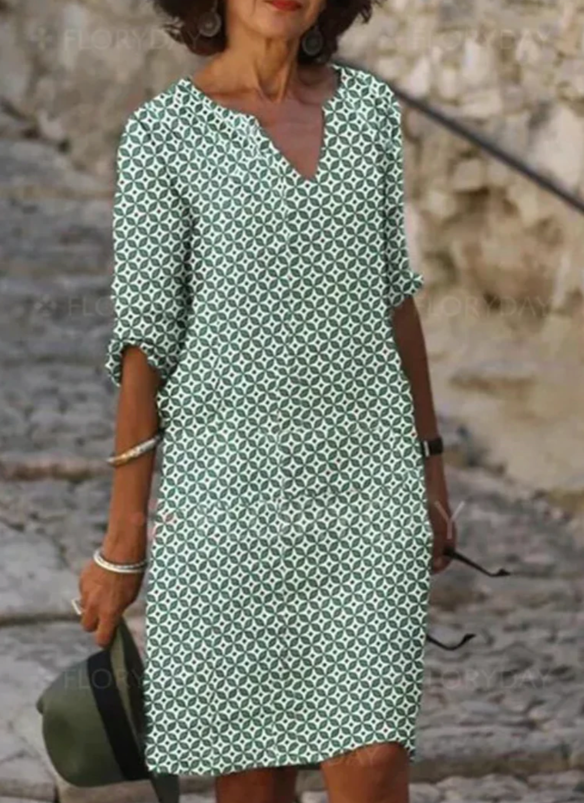 Livia | Sommerkleid mit Geometrischem Muster und 3/4 Ärmeln für Damen