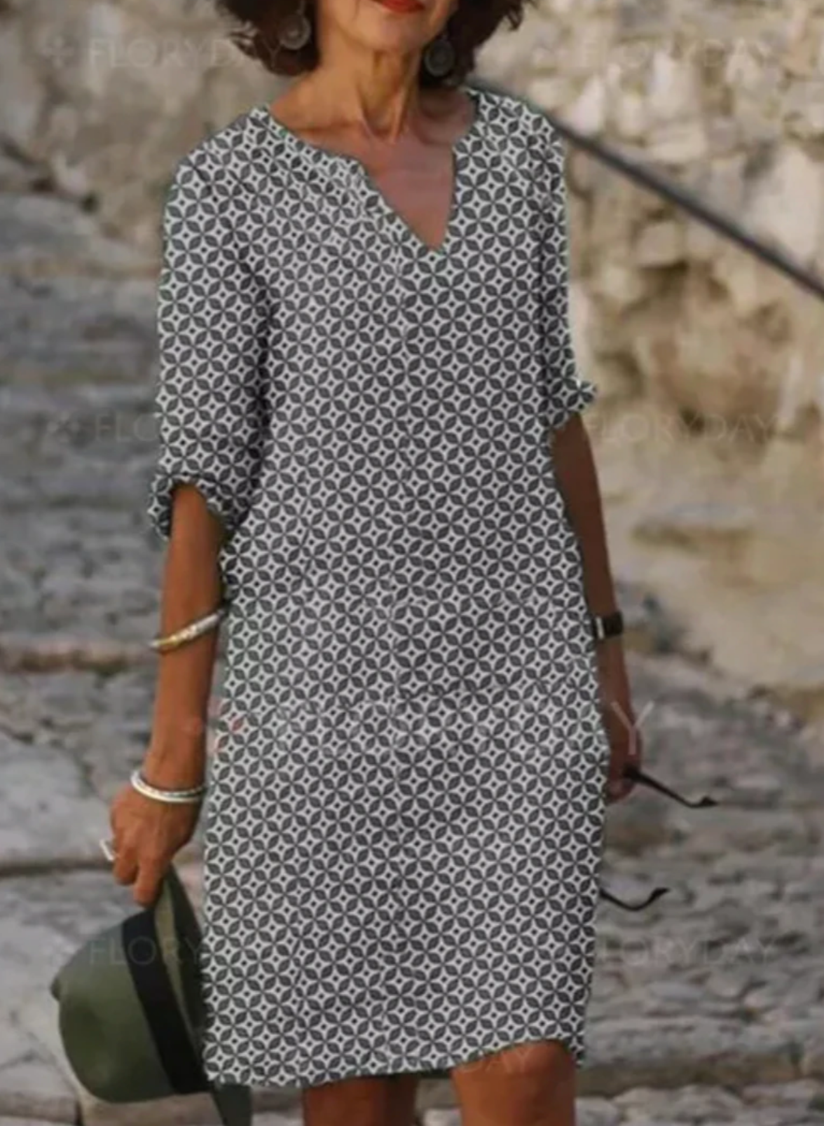 Livia | Sommerkleid mit Geometrischem Muster und 3/4 Ärmeln für Damen