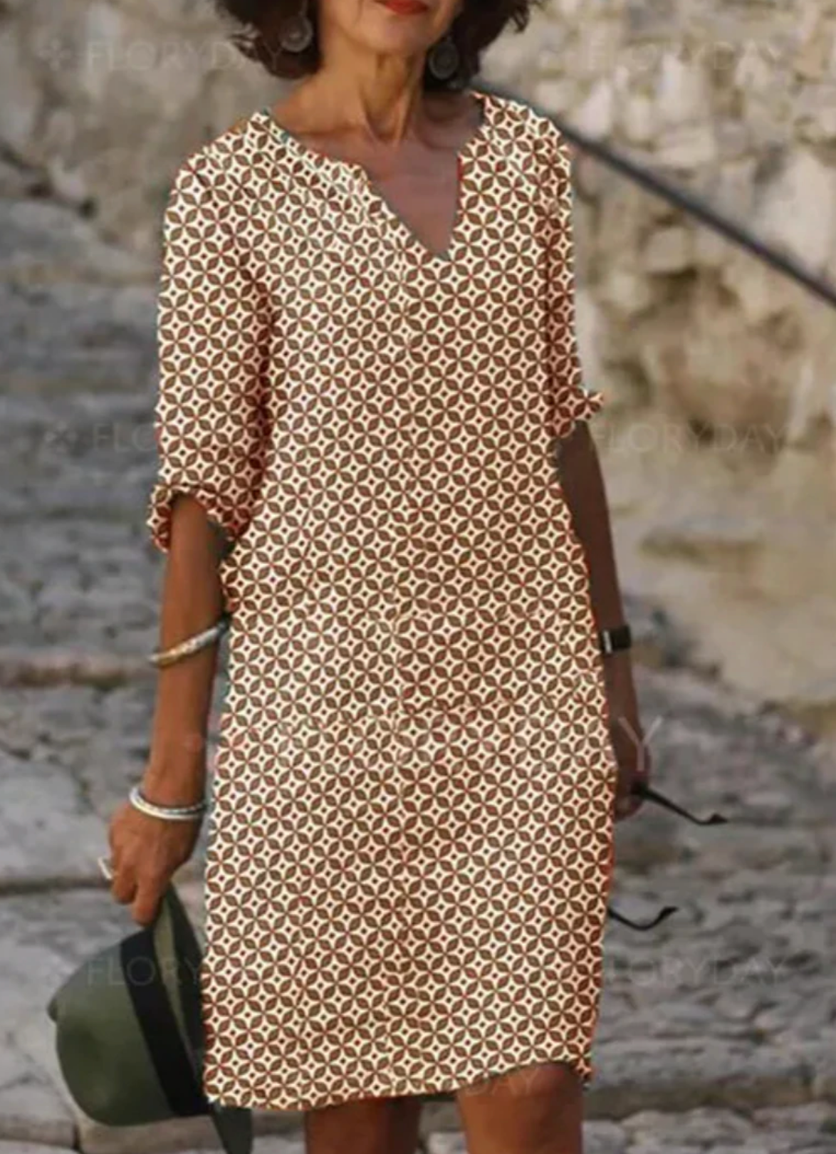 Livia | Sommerkleid mit Geometrischem Muster und 3/4 Ärmeln für Damen