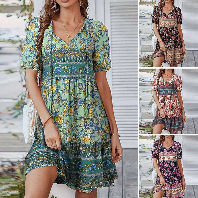 Lia | Boho-Kleid mit Blumenmuster und kurzer Ärmeln für Frauen
