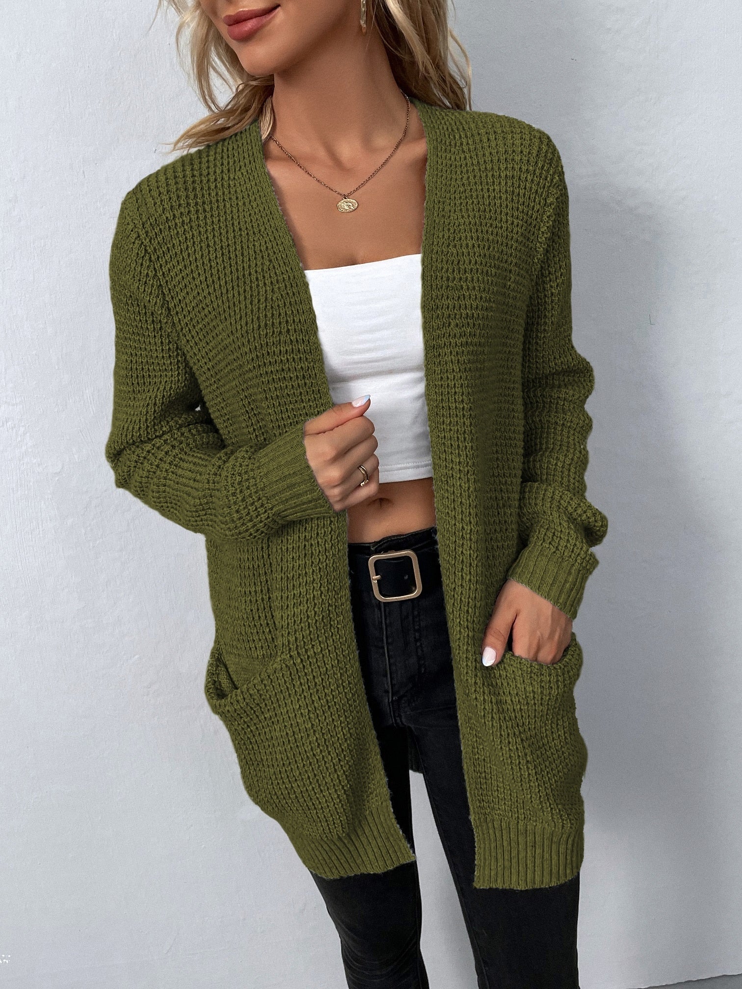 Strickjacke - Damen Strickjacke mit langen Ärmeln, offener Front und Taschen