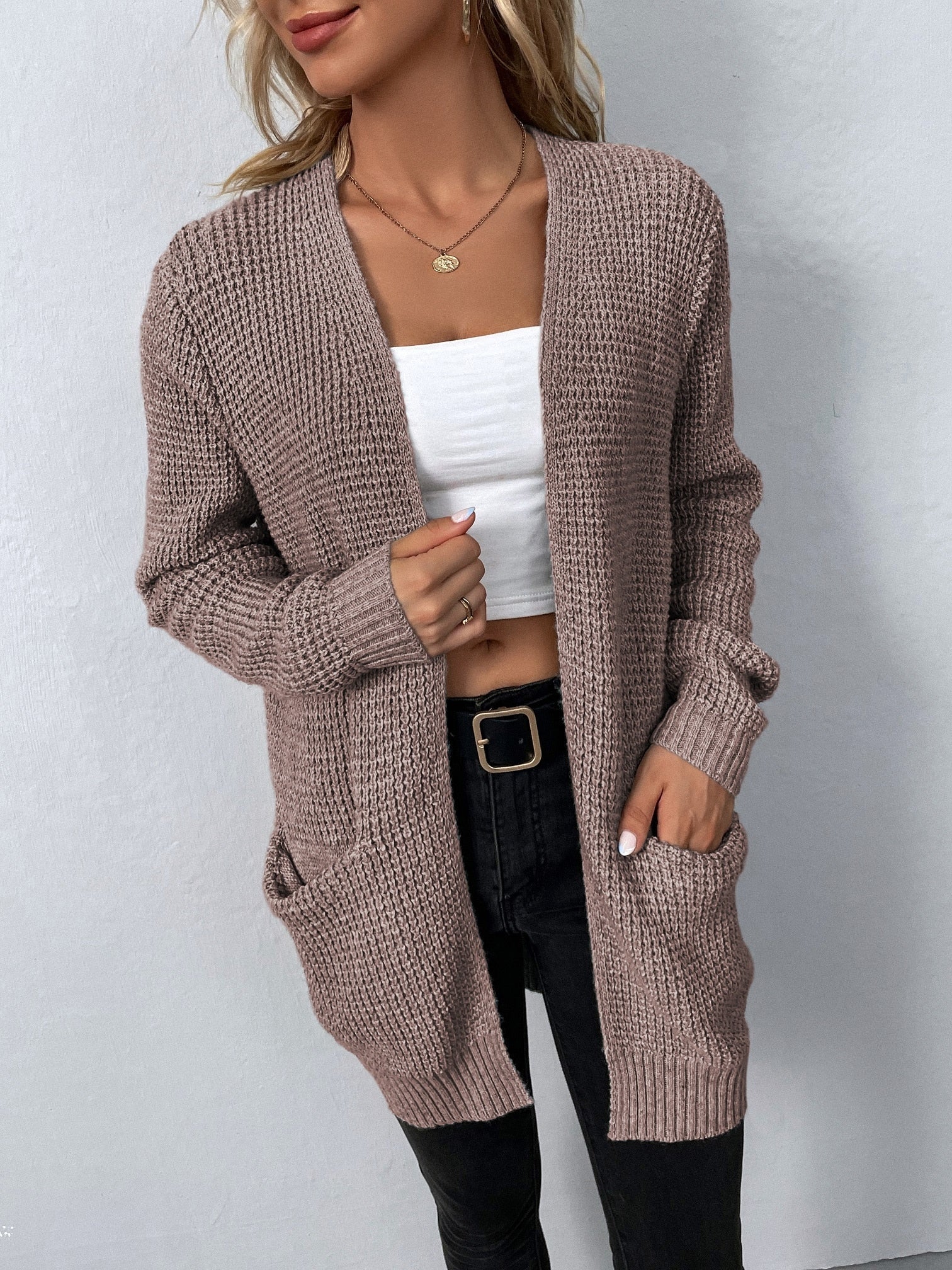 Strickjacke - Damen Strickjacke mit langen Ärmeln, offener Front und Taschen