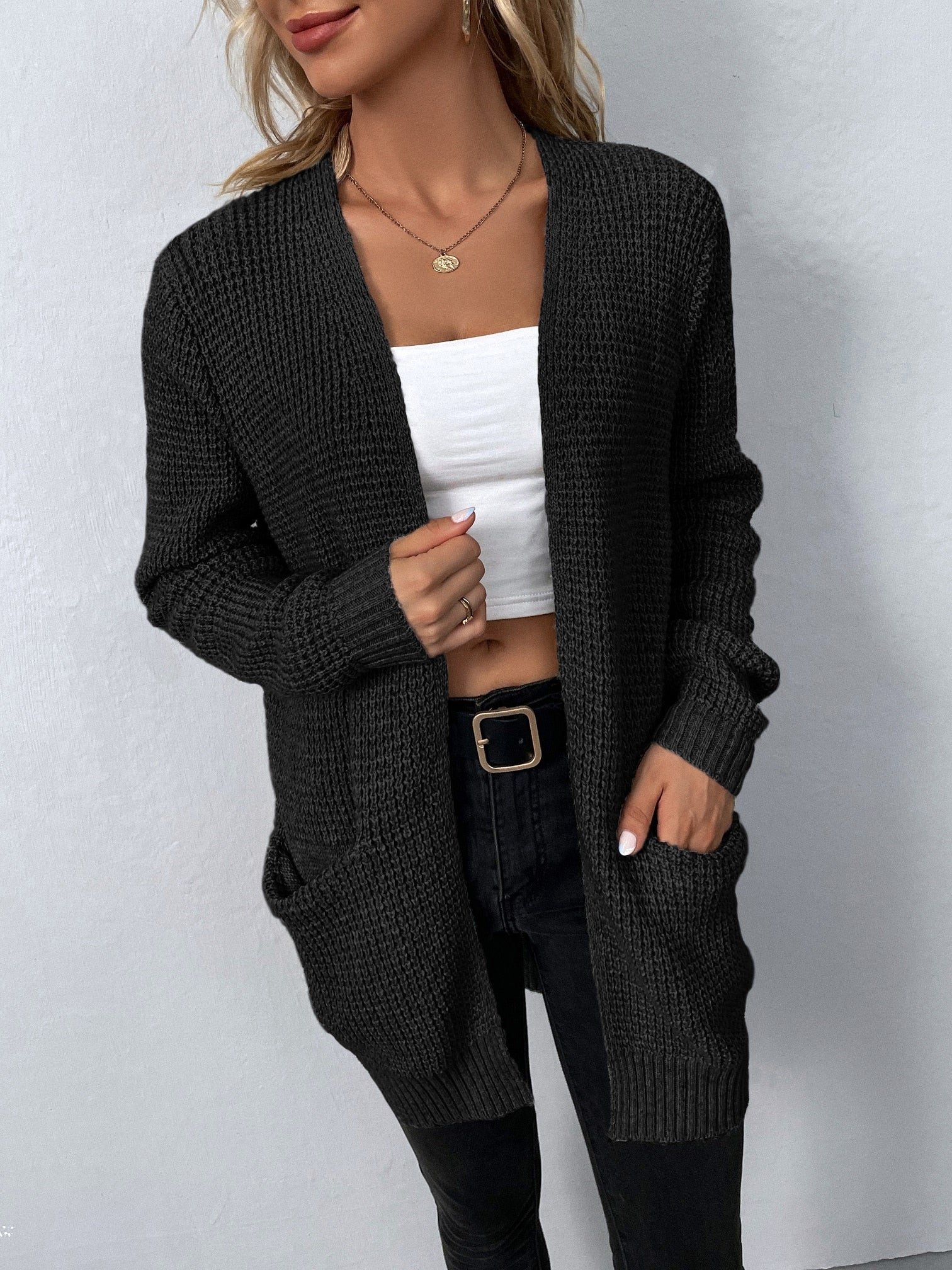 Strickjacke - Damen Strickjacke mit langen Ärmeln, offener Front und Taschen