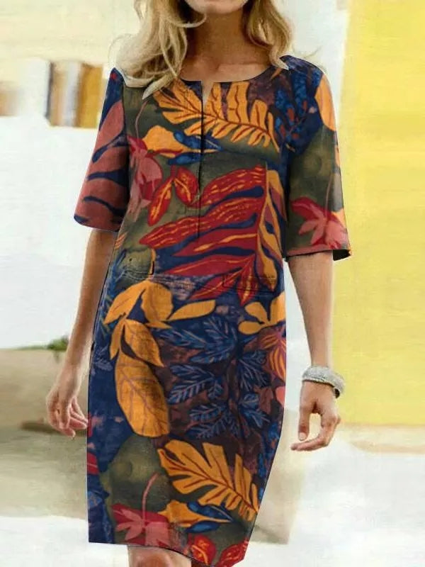Soleil | Midikleid mit Atmungsaktivem Leinen und Botanischem Druck für Damen