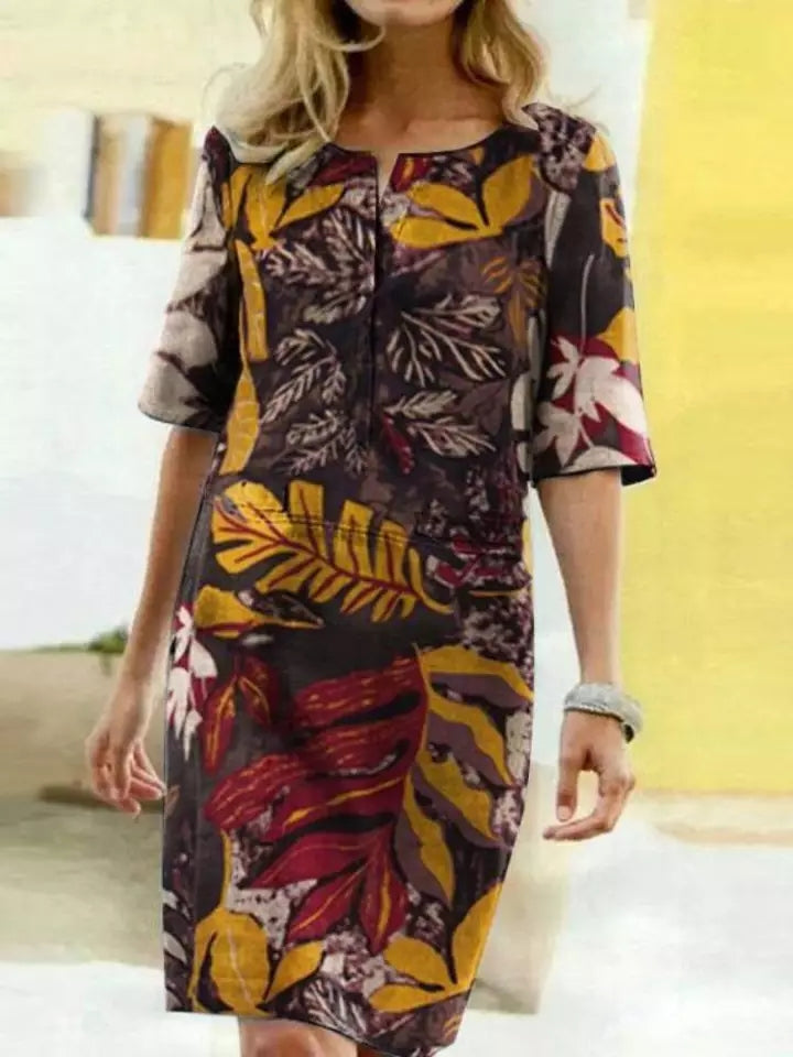 Soleil | Midikleid mit Atmungsaktivem Leinen und Botanischem Druck für Damen