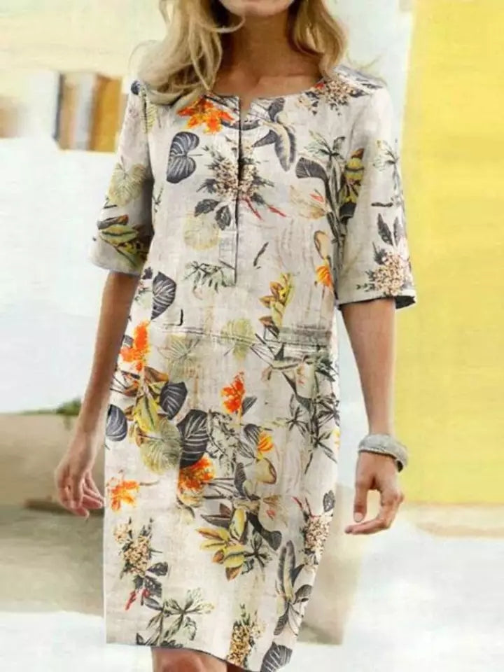 Soleil | Midikleid mit Atmungsaktivem Leinen und Botanischem Druck für Damen