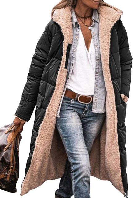 Wintermantel - Frauen Kapuzen-Sherpa - Fleece gefütterte Pufferjacke