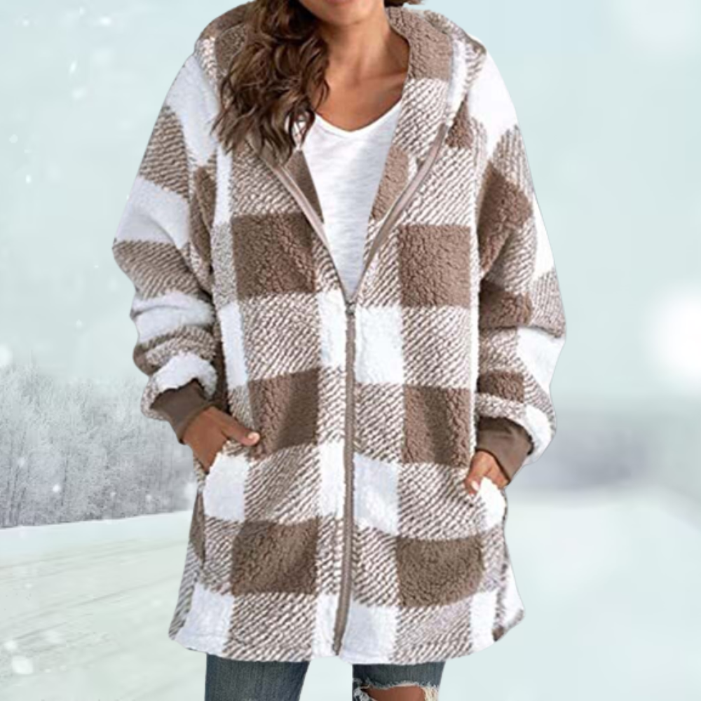 Wintermantel - Kapuze - Kariert - Fleecejacke - Damenjacke