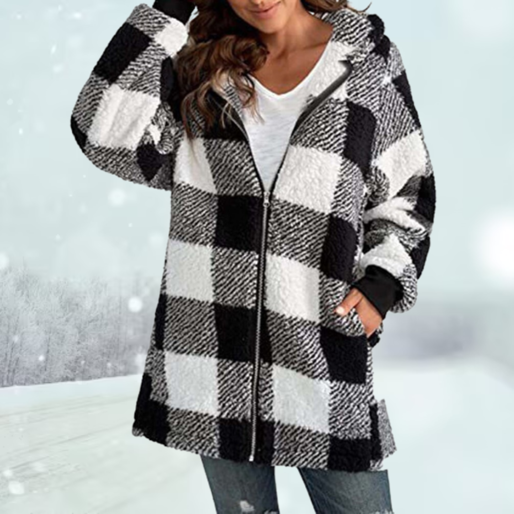 Wintermantel - Kapuze - Kariert - Fleecejacke - Damenjacke