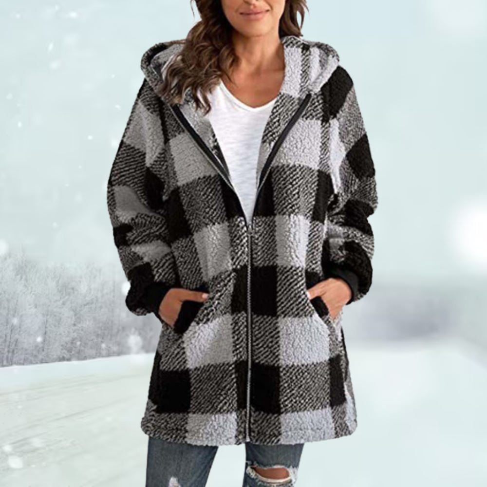 Wintermantel - Kapuze - Kariert - Fleecejacke - Damenjacke