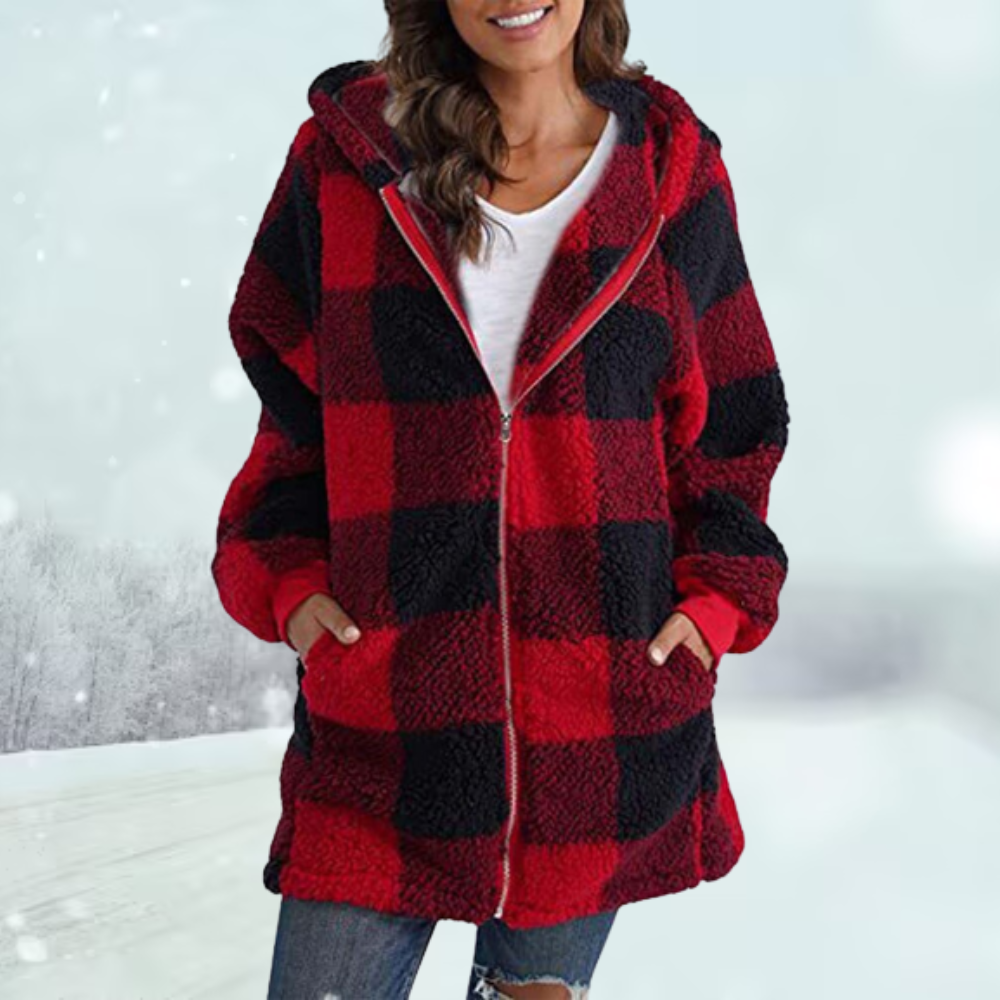 Wintermantel - Kapuze - Kariert - Fleecejacke - Damenjacke