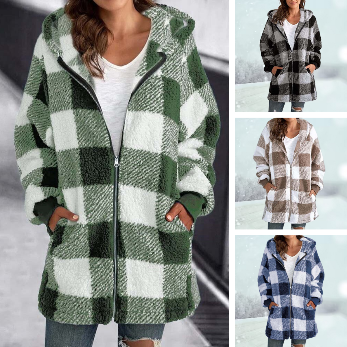 Wintermantel - Kapuze - Kariert - Fleecejacke - Damenjacke