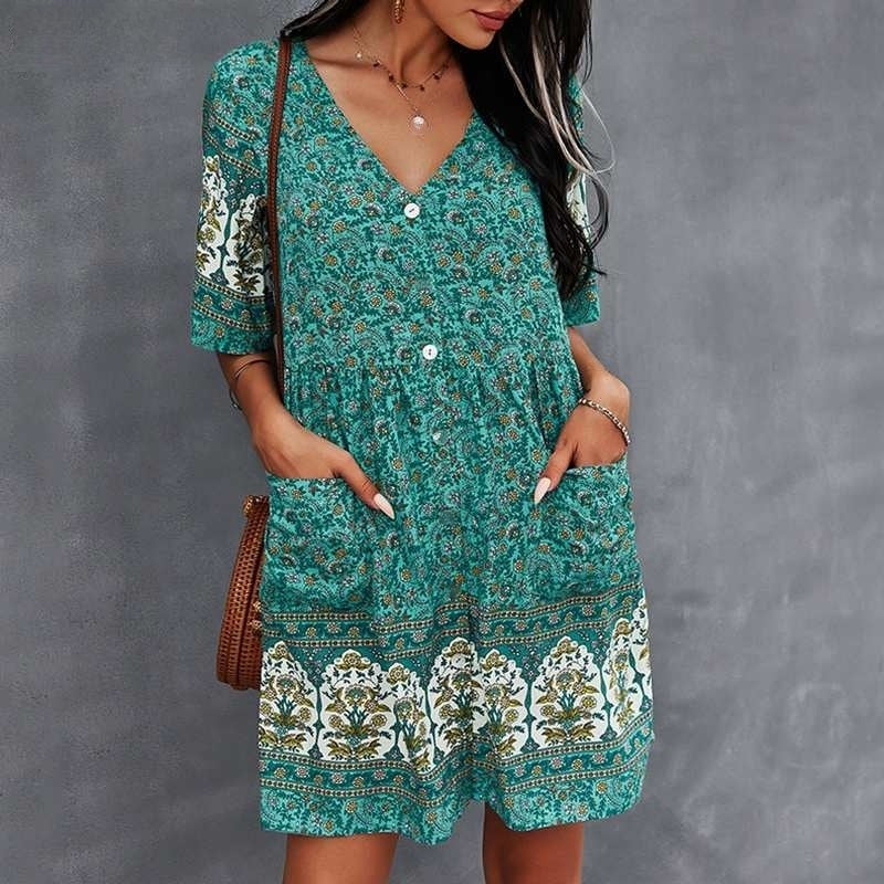 Luna | Baumwollkleid mit Fließendem Schnitt und Ethnischen Mustern für Frauen