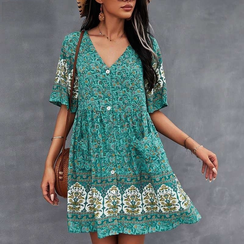 Luna | Baumwollkleid mit Fließendem Schnitt und Ethnischen Mustern für Frauen