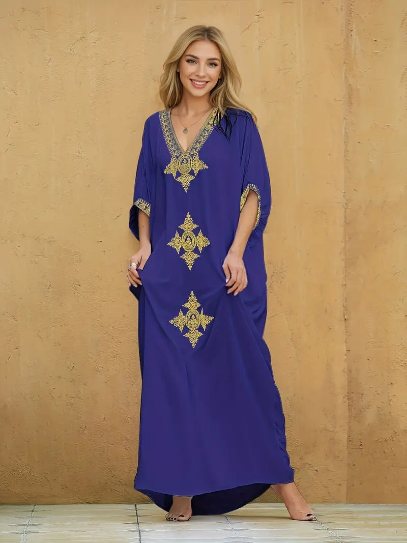 Zoe - Kaftan-Kleid mit goldenen Stickereien und weiten Ärmeln
