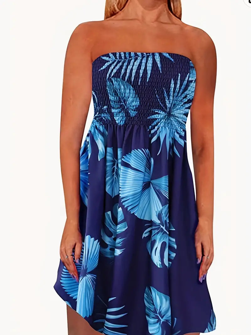 Zoey - Damen Bandeau Sommerkleid mit Tropischem Blumenmuster