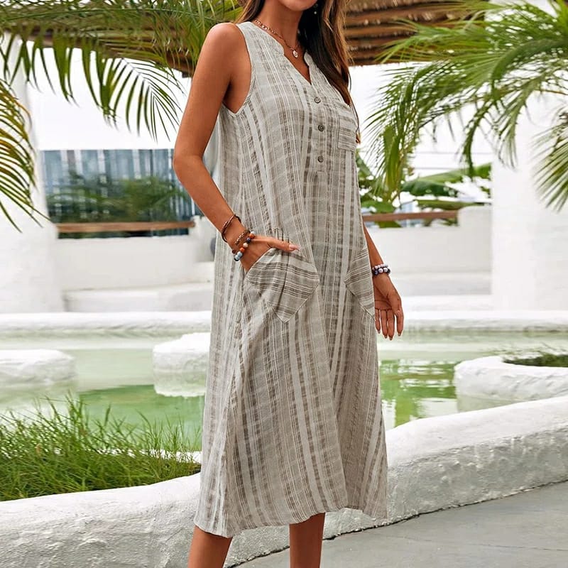 Mira | Midikleid mit Atmungsaktivem Leinen und Eleganten V-Ausschnitt für Frauen