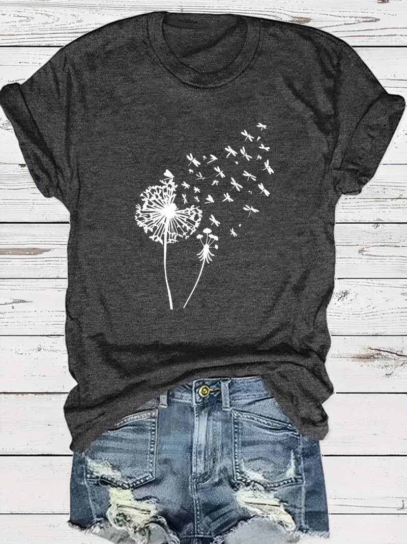 Larissa - Bequemes Baumwoll-T-Shirt mit Löwenzahn- und Libellenmotiv