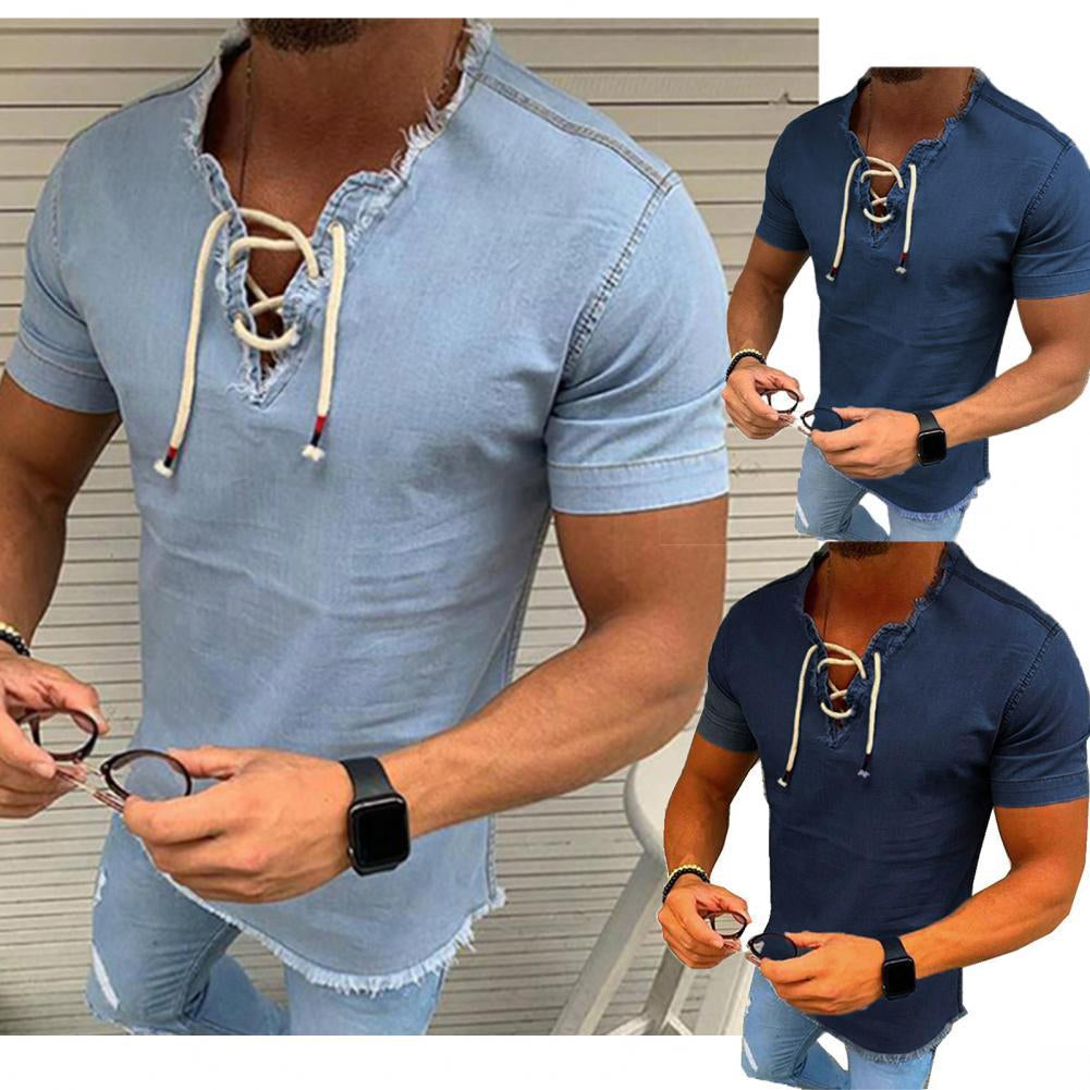 Luca | Kurzärmliges Hemd mit Vintage-Charme und Schnürdetail für Männer