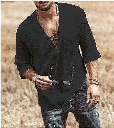 Liam - Boho Black Lace-Up Shirt