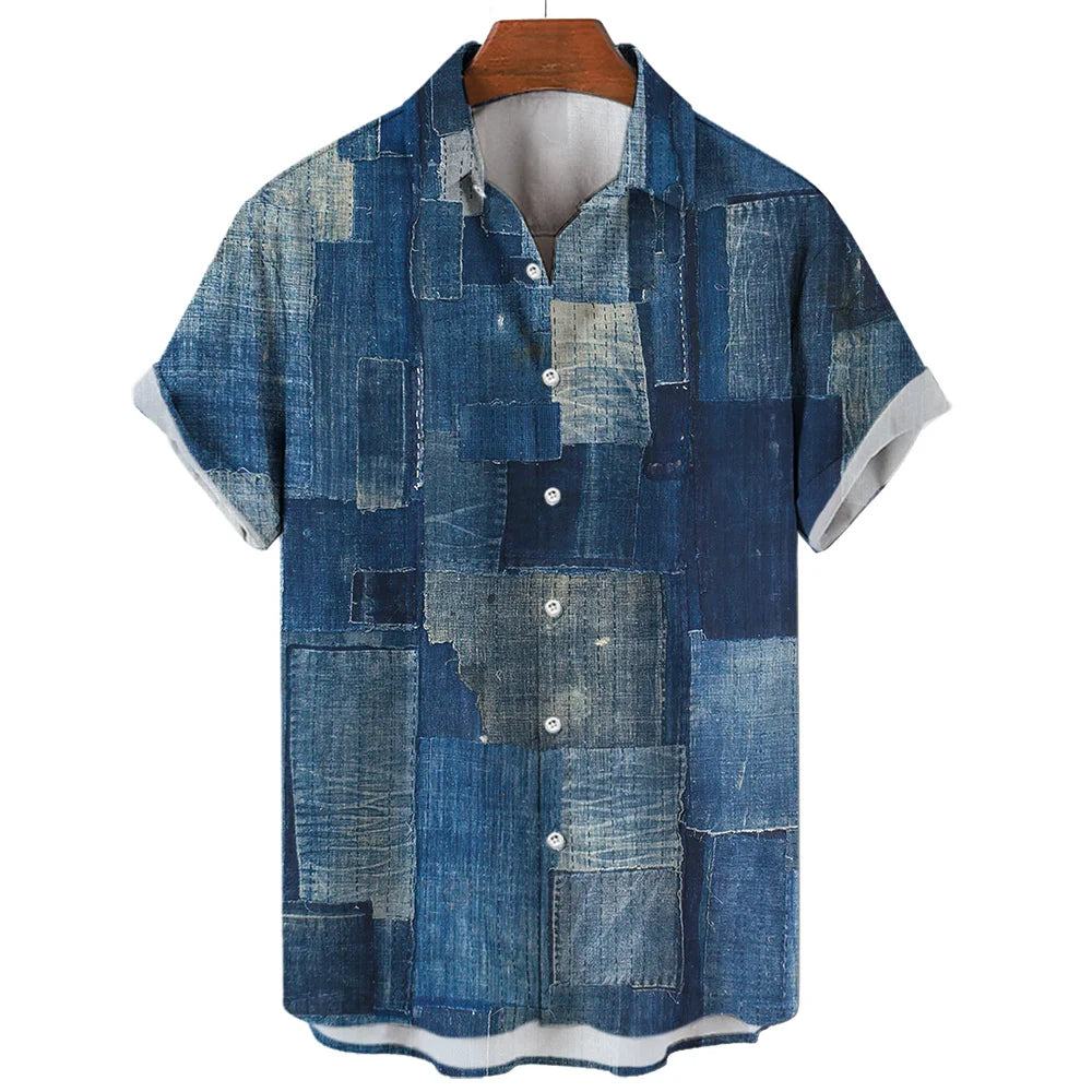 Noah - Künstlerisches Blaues Patchwork-Hemd