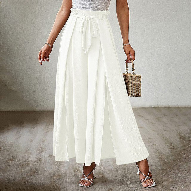 Zoe - Elegante Weite Hose mit Hohem Bund und Bindegürtel