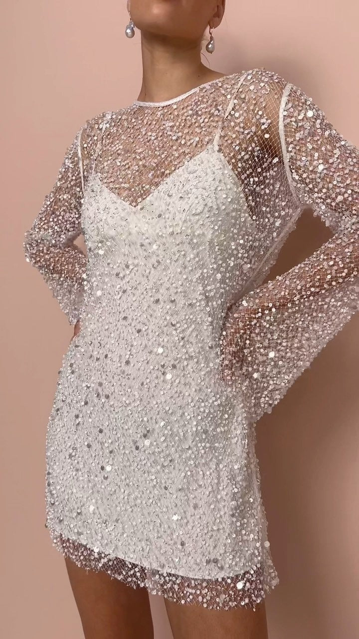 Glamory | Perlen See-Through Mesh Zweiteiliges Set Sling Kleid